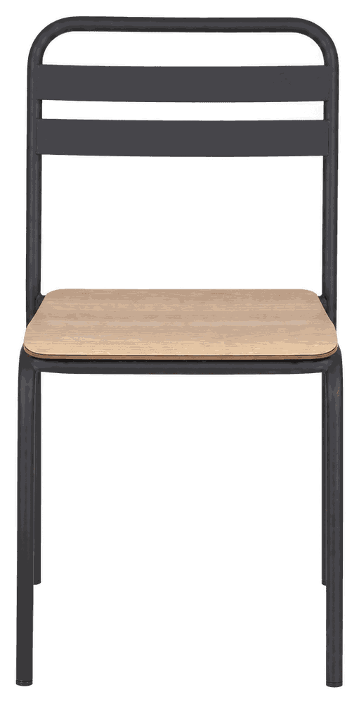 RL Complex stacking chair seen square on from the front, tubular steel frame with a twin slat back and a wood seat